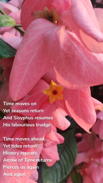 Time moves on Yet seasons return And Sisyphus resumes His labourious trudge Time moves ahead Yet tides return History repeats Arrow of Time returns Pierces us again And again